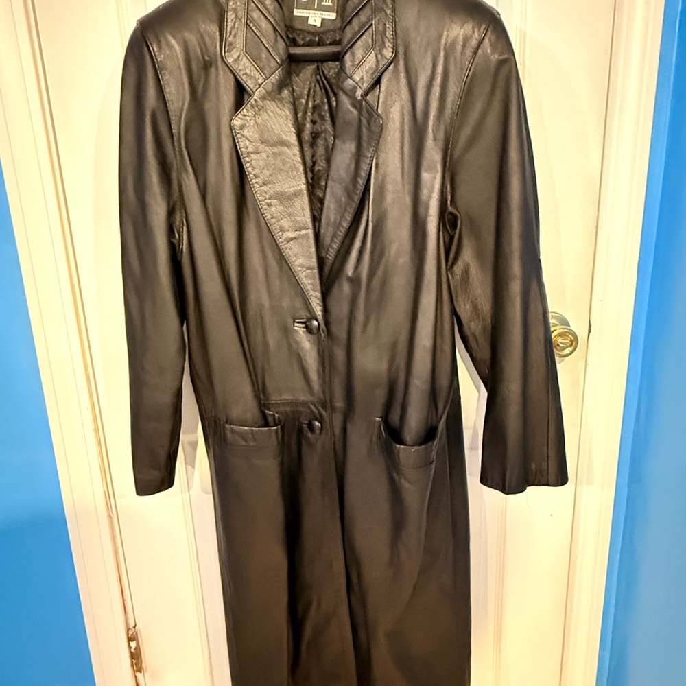 Women’s long leather coat.